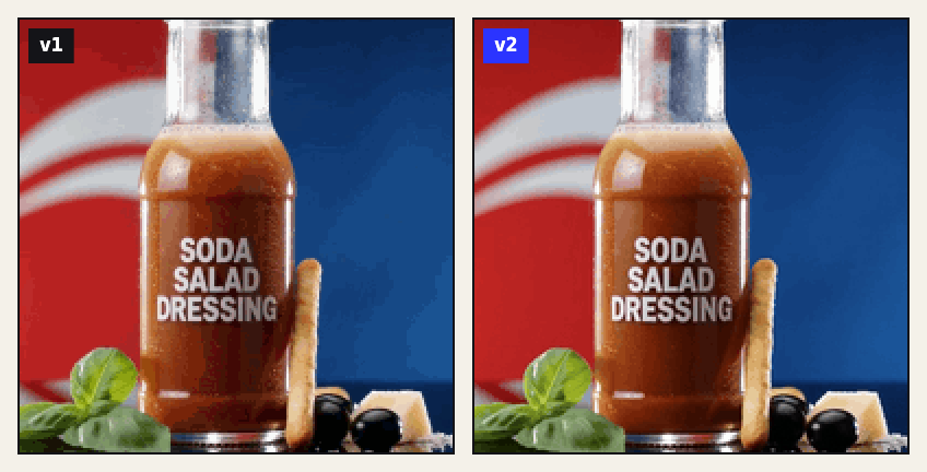 Zoomed crop of a soda bottle against red and blue. In v1 the red swoosh and blue backdrop break into blotchy patches; in v2 they are smooth.
