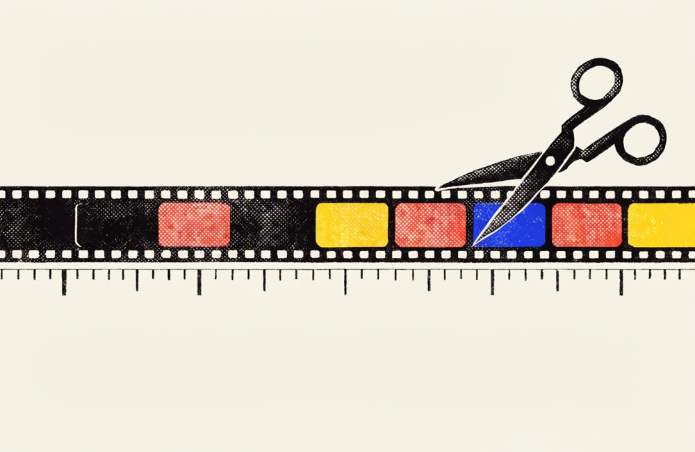A filmstrip being trimmed frame by frame on a timeline.