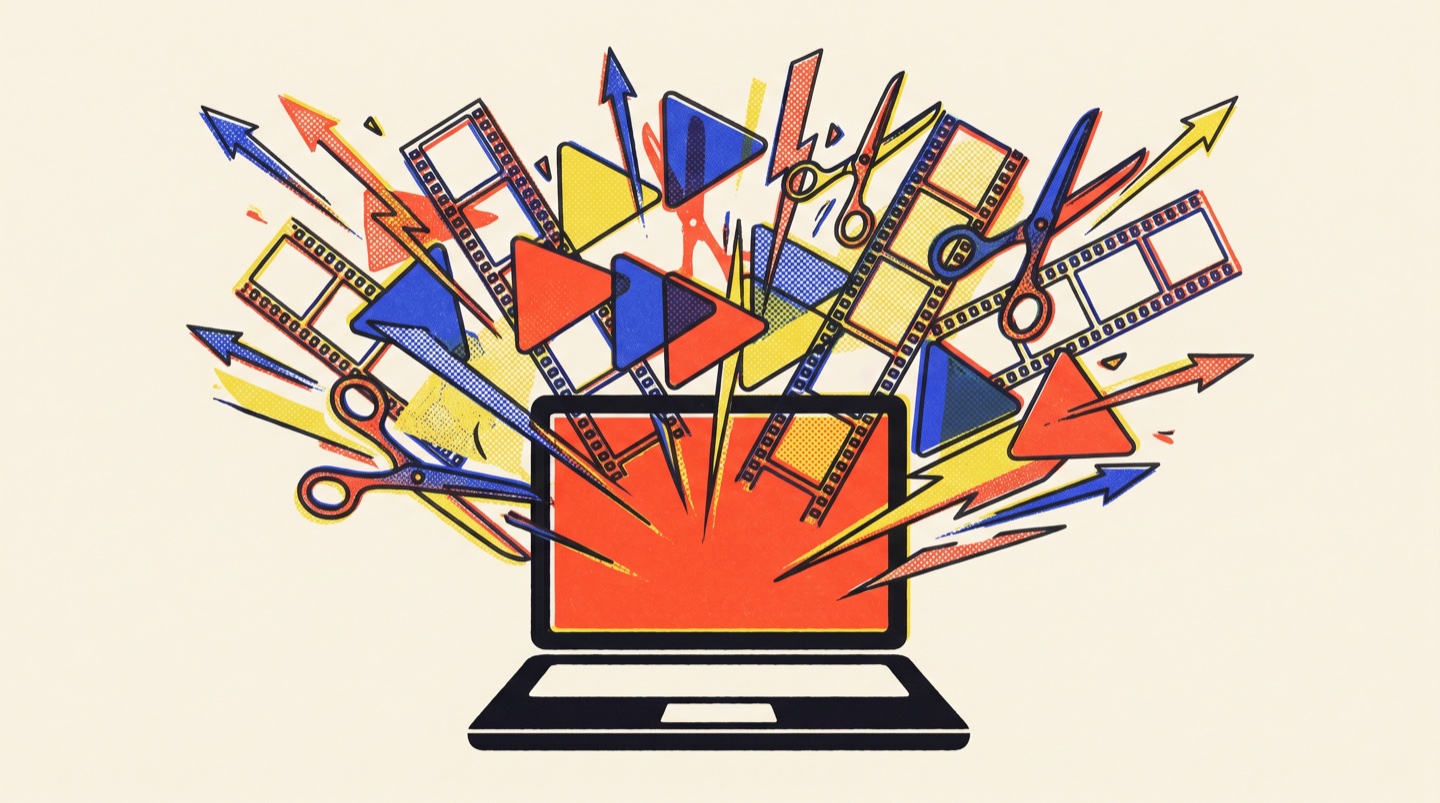 A burst of film frames, scissors and play buttons exploding out of an open laptop, the What the GIF idea, mid-detonation.