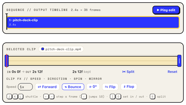 The Selected clip panel with the Bounce button clicked: the button now reads Bouncing, and the sequence header above it changes from 2.4 seconds and 36 frames to 4.8 seconds and 72 frames.