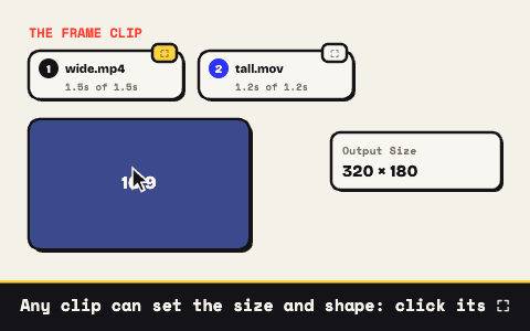 Animated demo: clicking the frame toggle on a second clip; the FRAME badge moves to it and the preview and output size change from landscape to portrait.