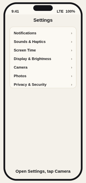Animated schematic of an iPhone screen: the Settings app opens Camera, then Formats, and Most Compatible is selected.