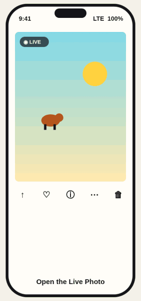 Animated schematic of an iPhone screen: a Live Photo opens in the Photos app, a finger taps the three-dot menu in the top right, and Save as Video is selected from the list.