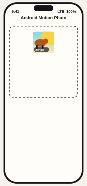 Animated schematic of a phone screen: a Motion Photo JPEG is dropped onto the converter and a prompt appears offering to use the video found inside the file.