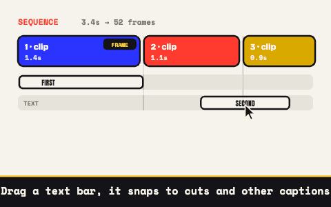 Animated demo: the sequence timeline with three clip blocks and two text bars; a bar is dragged until it snaps against the previous caption and a tick marks the clean joint.