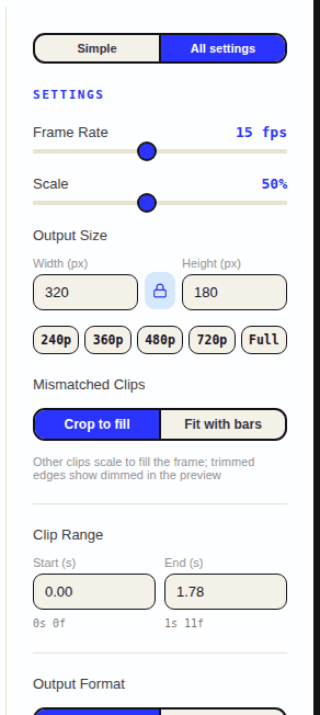 The settings panel toggled to All settings, revealing the frame rate, palette, and Extra Compression dials.