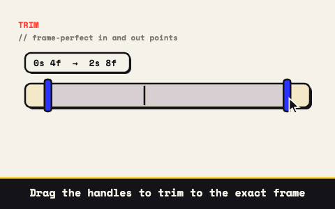 Animated demo: dragging a trim handle on the timeline, then nudging it one frame at a time with the arrow keys while the timecode updates.