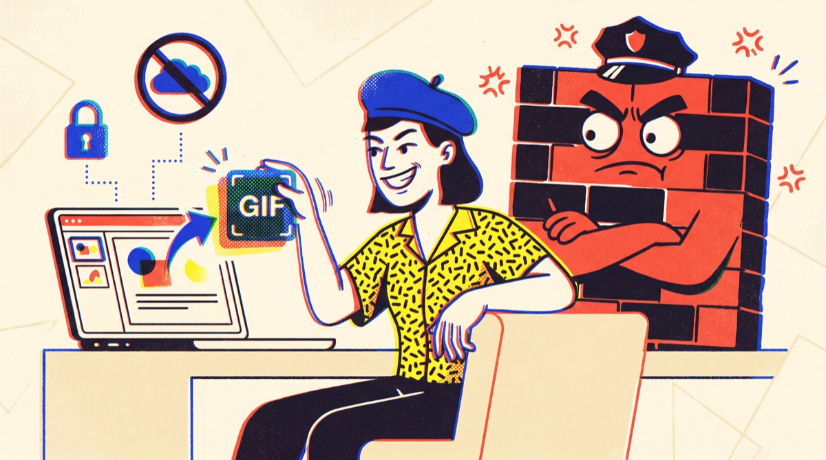 A creative drags a GIF into a slide while an IT-security firewall looms behind, powerless, nothing was uploaded.