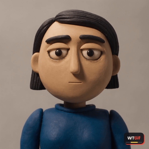 A matte clay woman in a cobalt sweater gives the camera two slow deliberate blinks of polite disbelief, then goes completely flat.