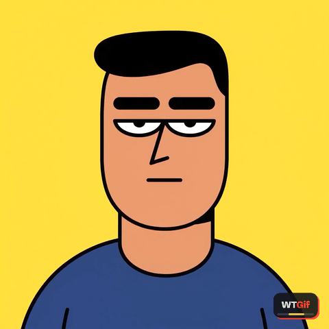 A flat 2D cartoon man with terracotta skin and a cobalt shirt on a yellow backdrop snaps from a bored half-lidded face into frozen mock shock, eyes wide, brows at his hairline, mouth a tall open O.