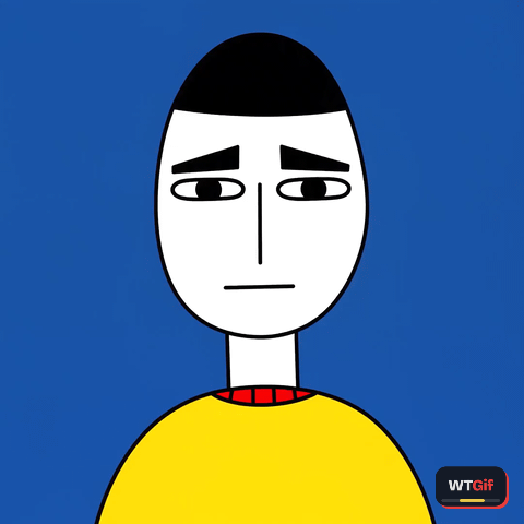 A flat 2D cartoon man with paper white skin, a black cap of hair and a yellow sweater on a cobalt backdrop snaps out of a half lidded deadpan to dart his pupils around with little head jerks and brows clamping tighter, trying to do the math, then sinks back to unimpressed.