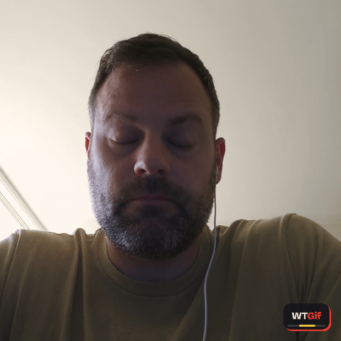 A bearded man in his forties on a laptop webcam, backlit by a window with one wired earbud in, stops nodding along to a call, then slowly raises his eyes from the screen to the lens and freezes there with his eyebrows up.