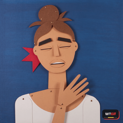 A torn-edge paper cutout puppet of a woman with a tall brown topknot and a red hair clip flinches mid-sentence on a cobalt gouache backdrop as her eye pieces snap wide and her mouth piece freezes in a small O, one hand raised flat beside her cheek.