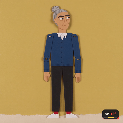 A torn-edge paper cutout puppet of a tall older woman with a grey bun and a cobalt cardigan turns her head left and right in front of a flat yellow wall with her palms up, then lands facing the camera with one brow raised and a flat pressed mouth, waiting for someone to own up.
