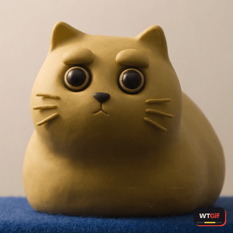 A mustard yellow clay cat loafing on a blue cushion slides its eyes sideways to the camera in a flat, unimpressed side-eye.
