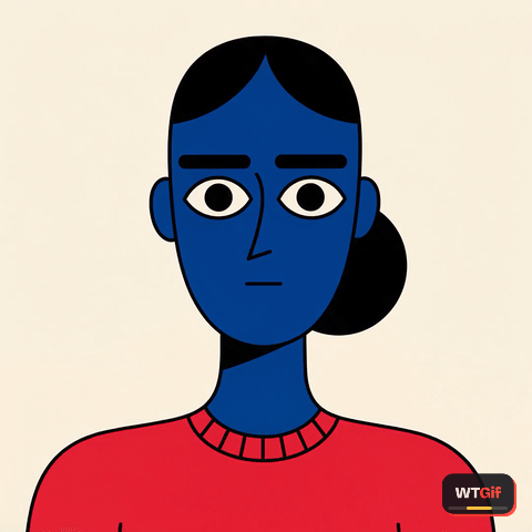 A flat 2D cartoon woman with cobalt blue skin, a black bun and a red sweater tilts her head and squints hard at the camera, one brow clamped down and the other arched, her mouth pinched into a tiny knot, completely unconvinced.